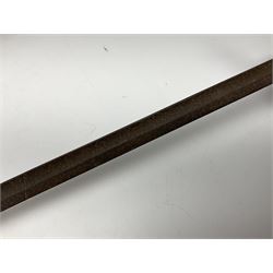 Late Victorian British Military gymnasium practice sword with 85.5cm fullered blunt pointed narrow straight blade, pierced bowl guard and chequered wooden grip L103cm overall; Leon Paul fencing foil with shaped grip and touche wiring; and two reproduction Indian tulwar swords with scabbards (4)