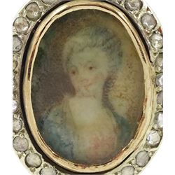 19th century 9ct gold diamond portrait ring, set with an oval miniature of a woman in 18th century dress on ivory, under a glazed panel, with rose cut diamond surround, on later shank. This lot has been registered for sale under Section 10 of the APHA Ivory Act