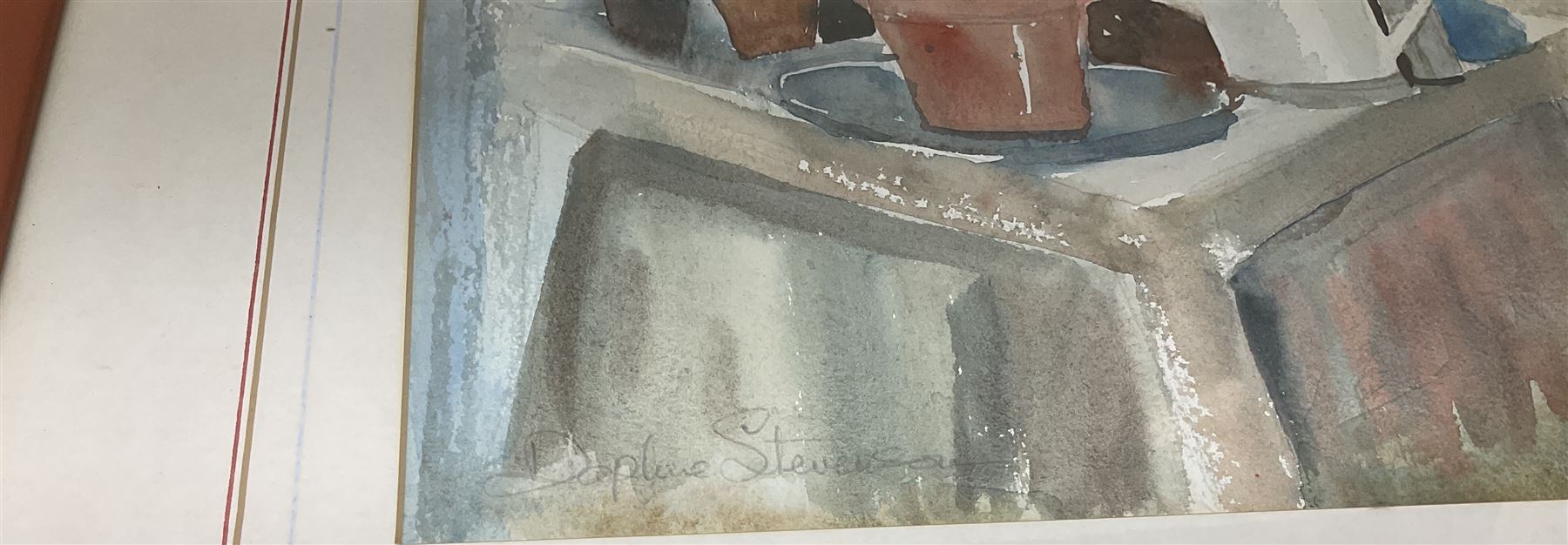 Andrew D Barlow (British contemporary): Man Riding Donkey, watercolour signed and dated 2005 together with Daphne Stevenson (British contemporary): Greenhouse Still Life, watercolour signed max 53cm x 35cm (2)