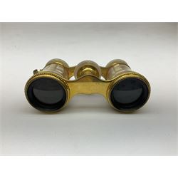 Pair of Victorian mother of pearl and gilt brass opera glasses, with detachable handle, marked W Gregory & Co 51 Strand London
