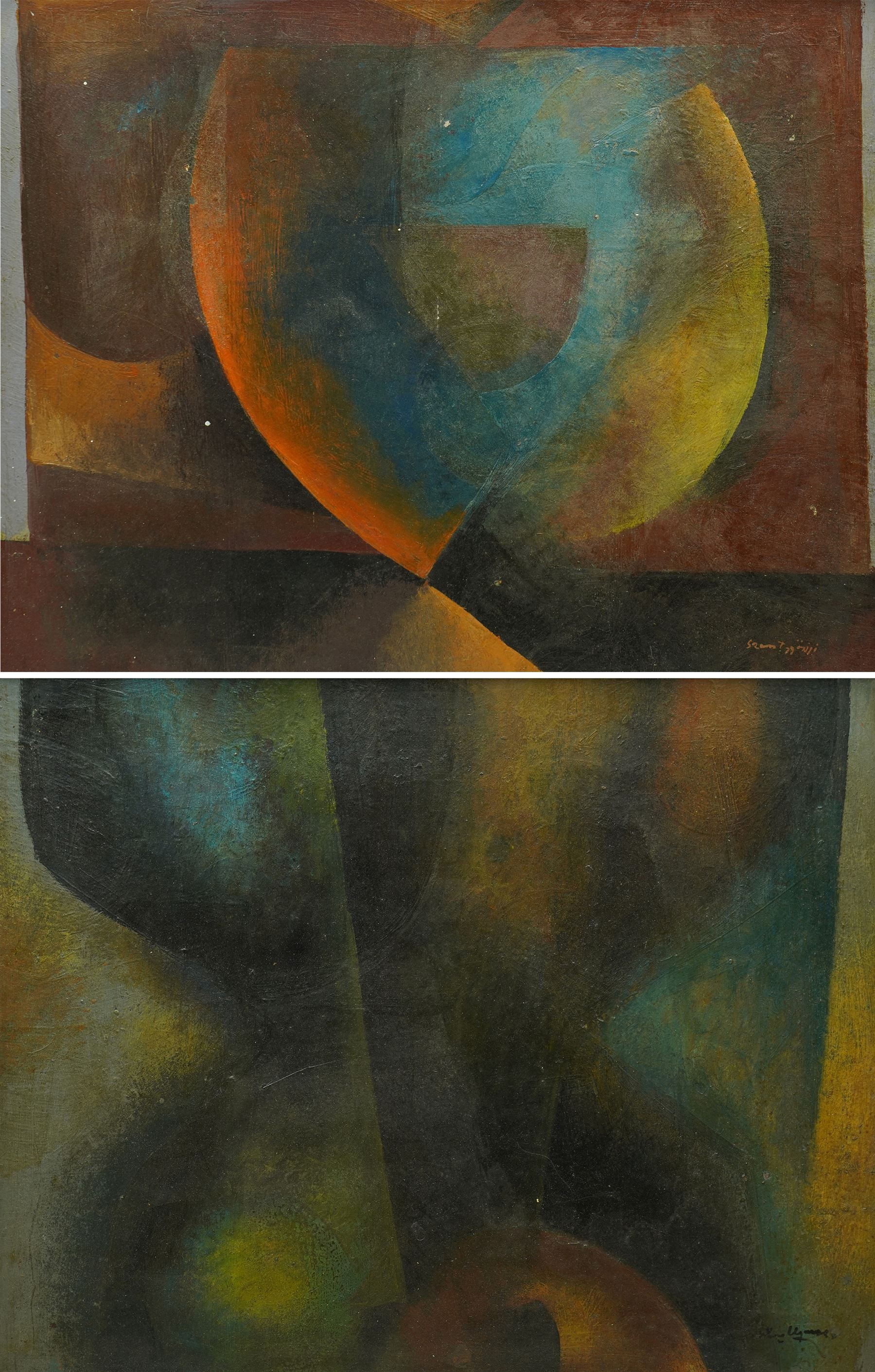 Continental School (20th century): Abstract with Overlapping Discs, pair of oils on board indistinctly signed 38cm x 48cm (2)