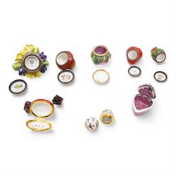 Halcyon Days enamel trinket boxes including 'My Sweetheart', Strawberry, Fabergé inspired heart-shaped box, small egg-shaped box, Rosebud, 'Primroses & Violets' etc, together with a porcelain model of a Teddy bear with agate base (9)