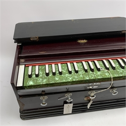 Indian portable harmonium by Kamala with mahogany stained wooden case and green pearline keys L56cm