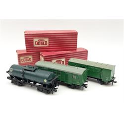 Hornby Dublo - 4685 Caustic Liquor Bogie Wagon; 4316 Horse Box (SR) with horse; and 4323 S.R. 4-Wheeled Utility Van; all boxed