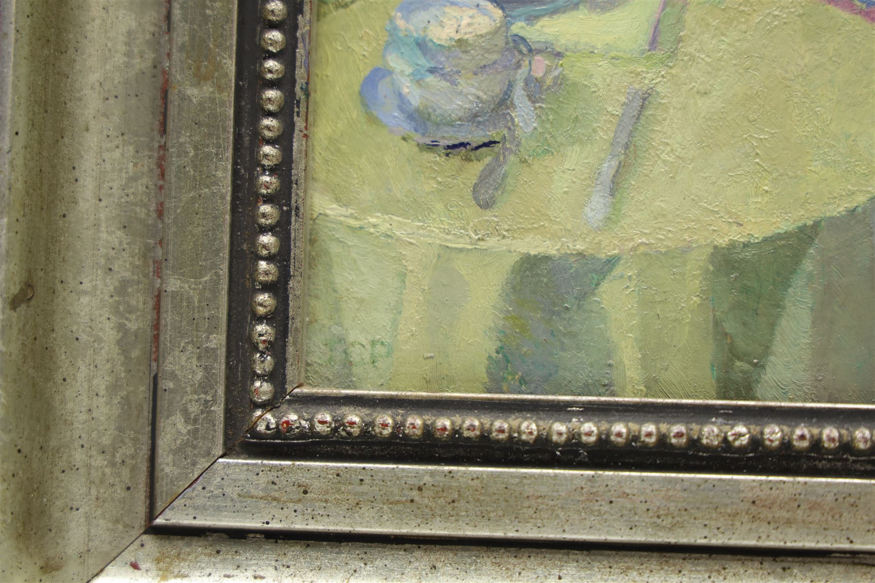 Jennifer Percival (British 20th Century): 'Edna Relaxing', oil on board faintly signed with initials, titled verso 25cm x 29cm 