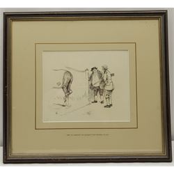 Cecil Aldin (British 1870-1935): 'We're Expectin' an Old Gent from Handley Cross' - Gentleman and Gamekeeper Talking beside a Horse, pen and ink signed with monogram, titled on the mount 19cm x 23cm 
Provenance: purchased by the vendor from Cumbria Auction Rooms 14th May 1990, lot 430, where part of a collection of fifteen then-unmounted Aldin book illustrations