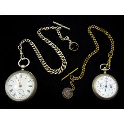 Victorian silver open face key wound English lever pocket watch, No. 72794, case by Thomas Mills, Chester 1892, with a Victorian silver tapering Albert chain and a French nickel cased Pedometer
