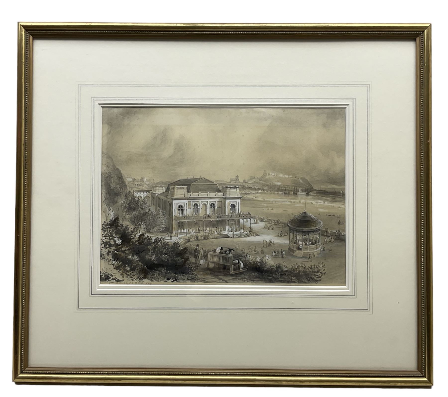 Joseph Newington Carter (British 1835-1871): 'The New Music Hall Scarborough, South Front' - View of The Spa, pencil ink and wash signed and inscribed 'Drawn from Nature 1859', 25cm x 35cm 
Provenance: private local collection, purchased Walker Galleries, Harrogate 1997, label verso 
Notes: a rare and important JN Carter original drawing for a later lithograph by F Jones, printed by Day & Son, pub. SW Theakston - sold together with an example of the lithograph 26cm x 35cm (2)