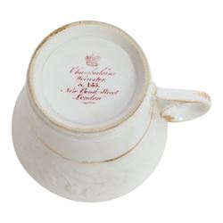 Group of 19th century tea and coffee wares, comprising two Davenport Imari 3545 pattern tea cups and saucer, one example upon three stylised bun feet, H5.5cm, a pair of Chamberlain's Worcester cabinet cups and saucers, hand painted with reserves of floral sprays and sprigs against an apple green ground, H7cm, a large size Chamberlain's Worcester cup and saucer with Imari type decoration and cobalt blue band to rim, H7.5cm, Chamberlain's Worcester cup and saucer with moulded floral band detail, and two further cups