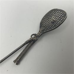 Silver hatpin modelled as a thistle, by Charles Horner, together with three other silver hatpins, modelled as a tennis racket, golf club and Medusa mask, all hallmarked 