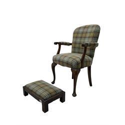 Late 19th century walnut open armchair in tartan fabric, scroll carved terminals and cabriole supports (W62cm, H94cm), together with a footstool upholstered in matching fabric