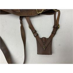 Pair of WW1 style Army Officer's brown leather full leg riding boots with Alkit four-piece wooden boot trees; and two officer's Sam Browne leather belts with cross-straps, one with sword frog (4)