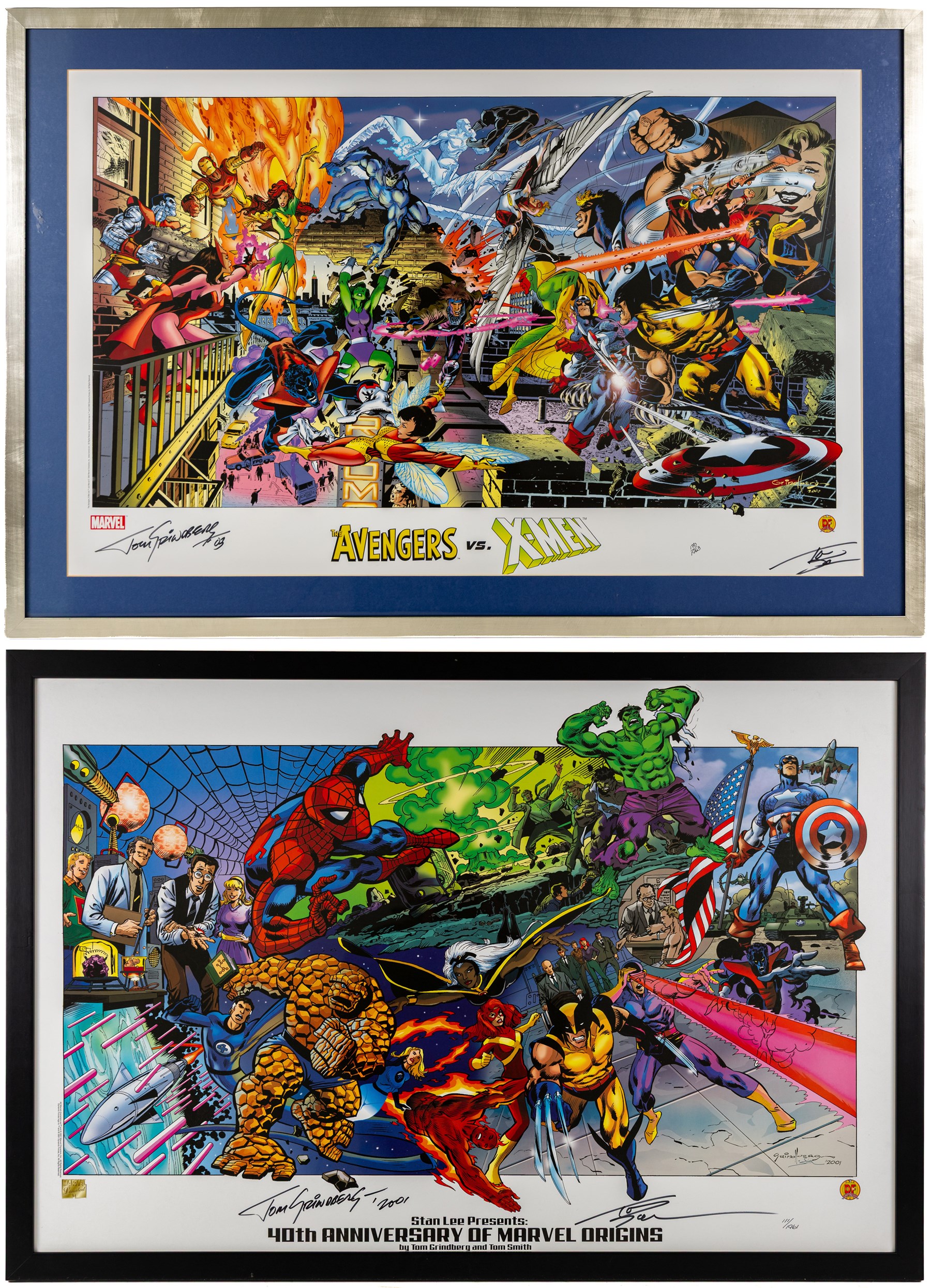 Two large limited edition Marvel lithographic prints by Dynamic Forces, comprising Marvel Origins Anniversary, limited edition no. 111/1961 and The Avengers vs. X-Men, limited edition no. 170/1963, both signed by Tom Grindberg and Tom Smith, with certificates of authenticity, largest H43cm, W86cm