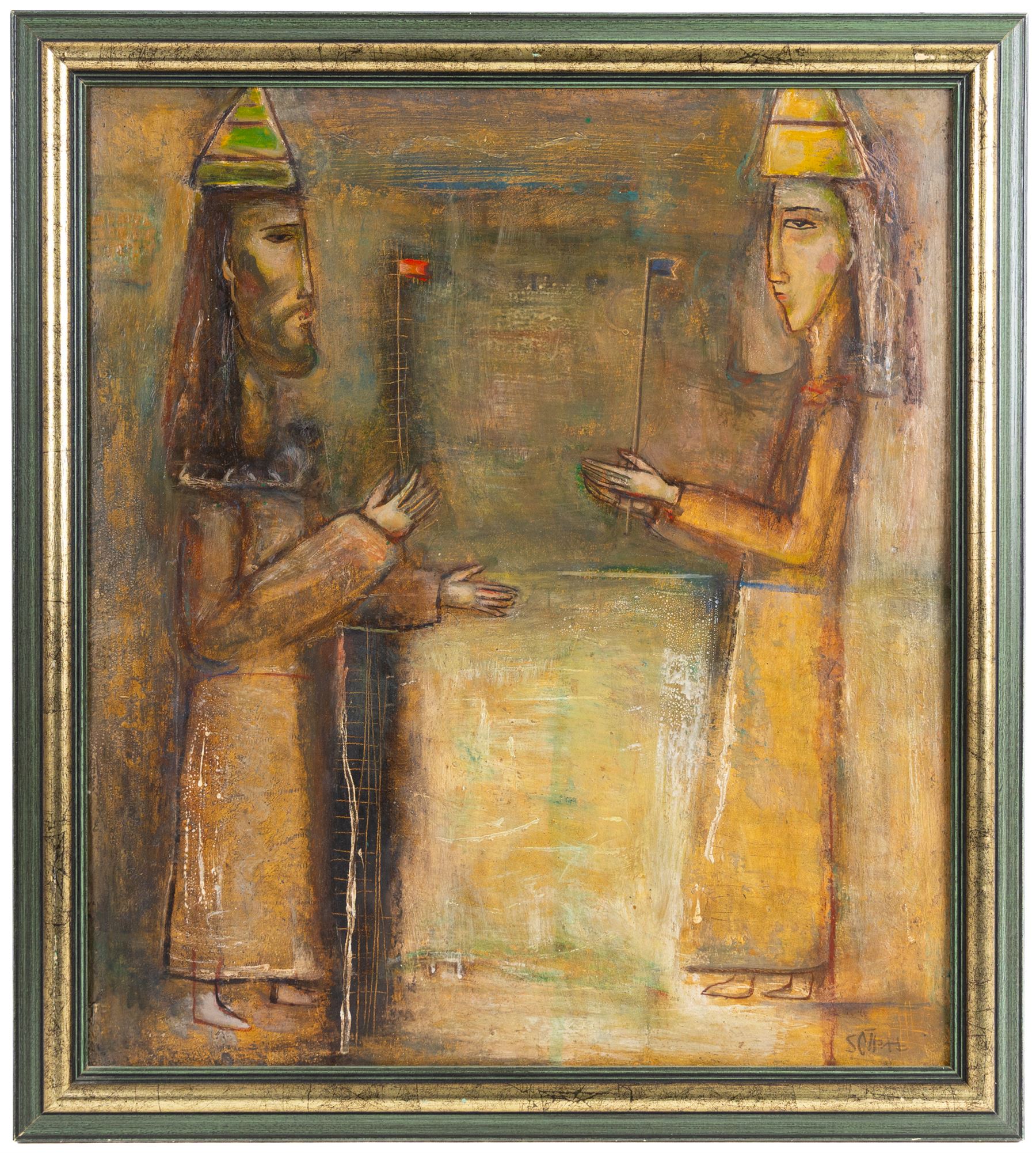 Isupov Vladimir Ilyich (Ukrainian 1939-2023): 'Dialogue (Cain and Abel)', oil on board signed, titled in cyrillic verso 51cm x 45cm 