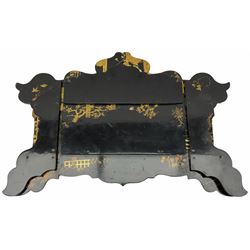 Late 19th/early 20th century black lacquered folding wall shelf or table stand, of shaped form, with two folding shelfs and two folding supports, decorated in the Chinoiserie style with figural scenes, H32cm W49cm