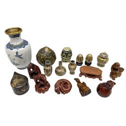 Chinese bronze peach of immortality and longevity, cloisonné vase of baluster form and three miniature cloisonné vases, six Netsuke modelled as monkeys, dragon etc