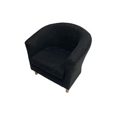 Tub armchair, upholstered in dark grey textured fabric, on tapered feet