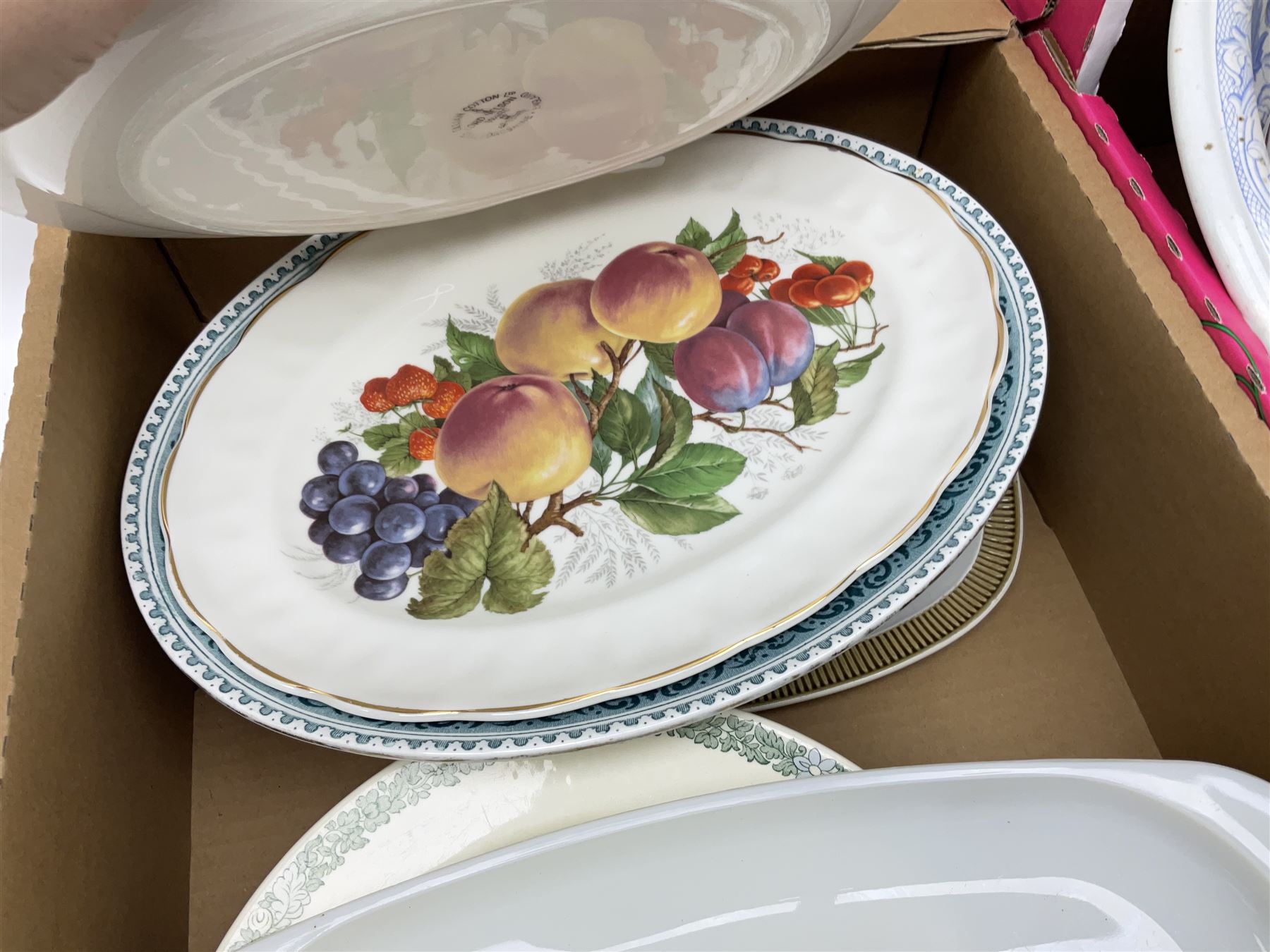 Two Poole Pottery dinner plates and a meat plate, four Copeland Spode Bermuda pattern dinner plates, Sadler jug, Keele St Pottery cottage tea wares, Torquay Motto ware, blue and white jug and bowl, two large planters and other ceramics, etc, in four boxes 