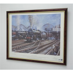  After Adrian Thompson, limited edition colour print entitled 'Pride of Paragon', depicting steam trains leaving Hull Station, No.5/500 signed on the mount and dated '98, 38 x 45cm, simulated burrwood and gilt frame  