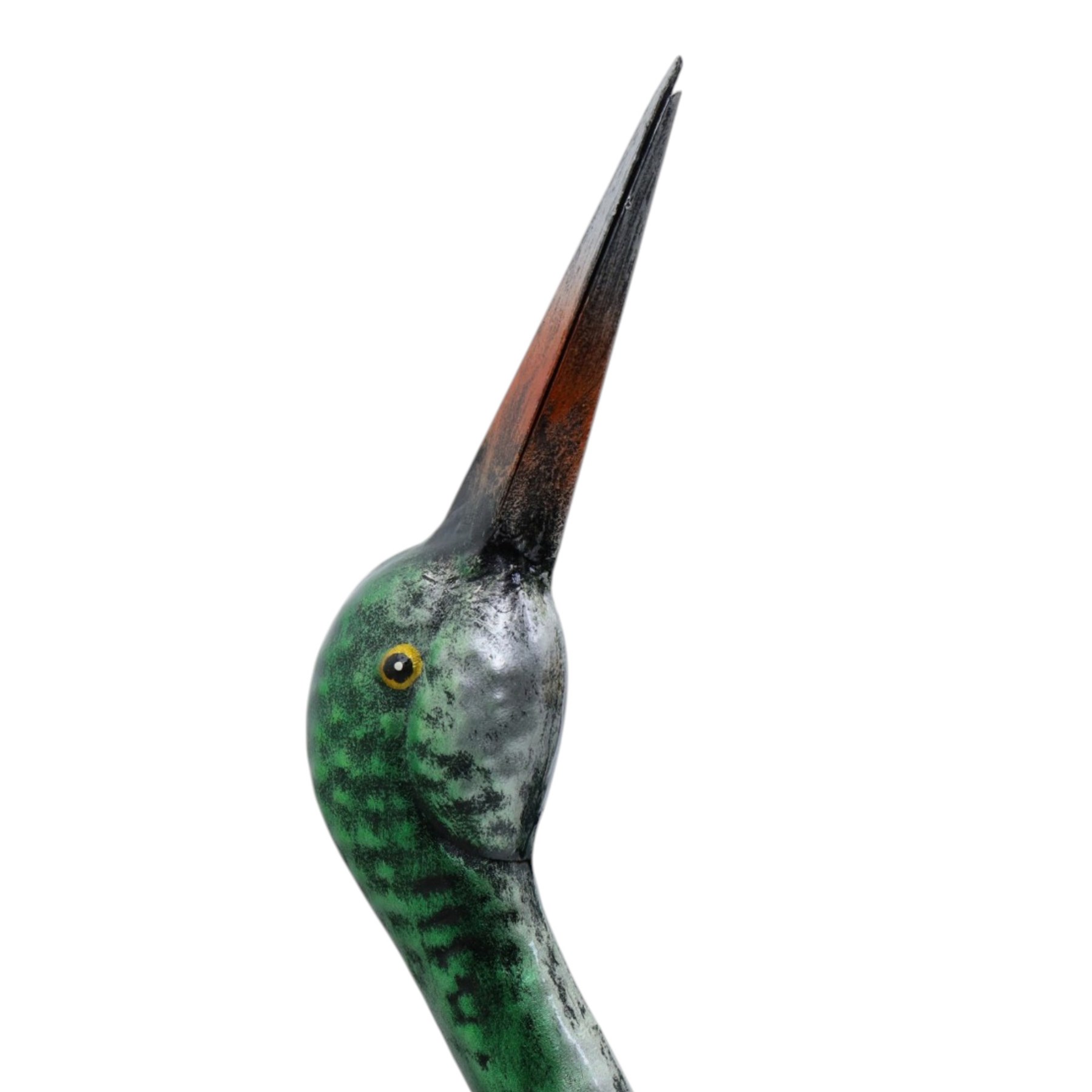 Pair of metal herons, in green and silver tones, with heads raised, H94cm