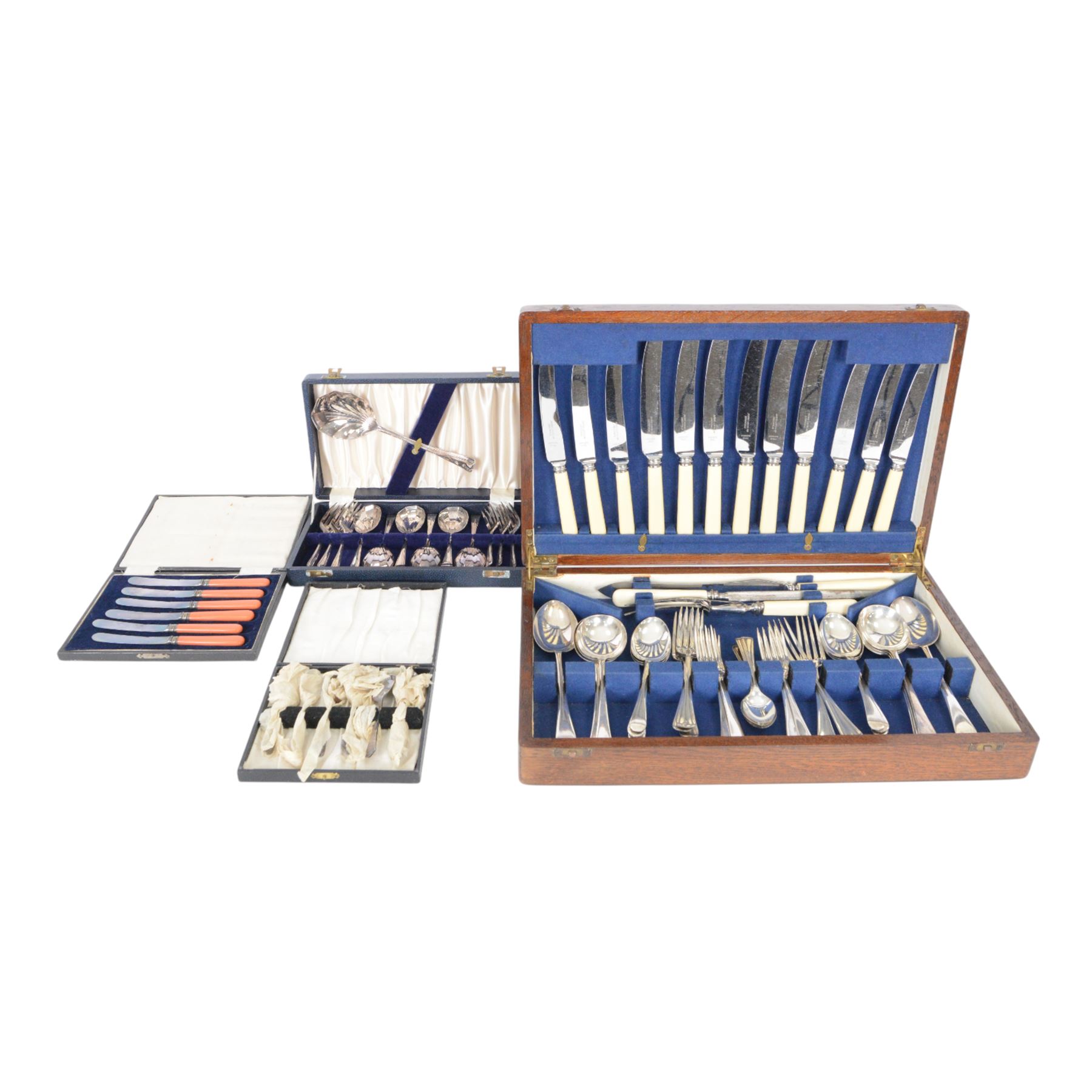 Cased silver plated canteen, tea knives and spoons