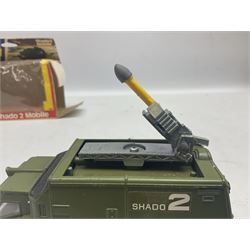 Corgi - die-cast model of James Bond Aston Martin DB5 No.271 with silver body and red interior, gold bumpers and four-spoke wheels, James Bond and two bandit figures; original window box with header card; and Dinky Shado 2 Mobile with one missile No.353; in window box (2)