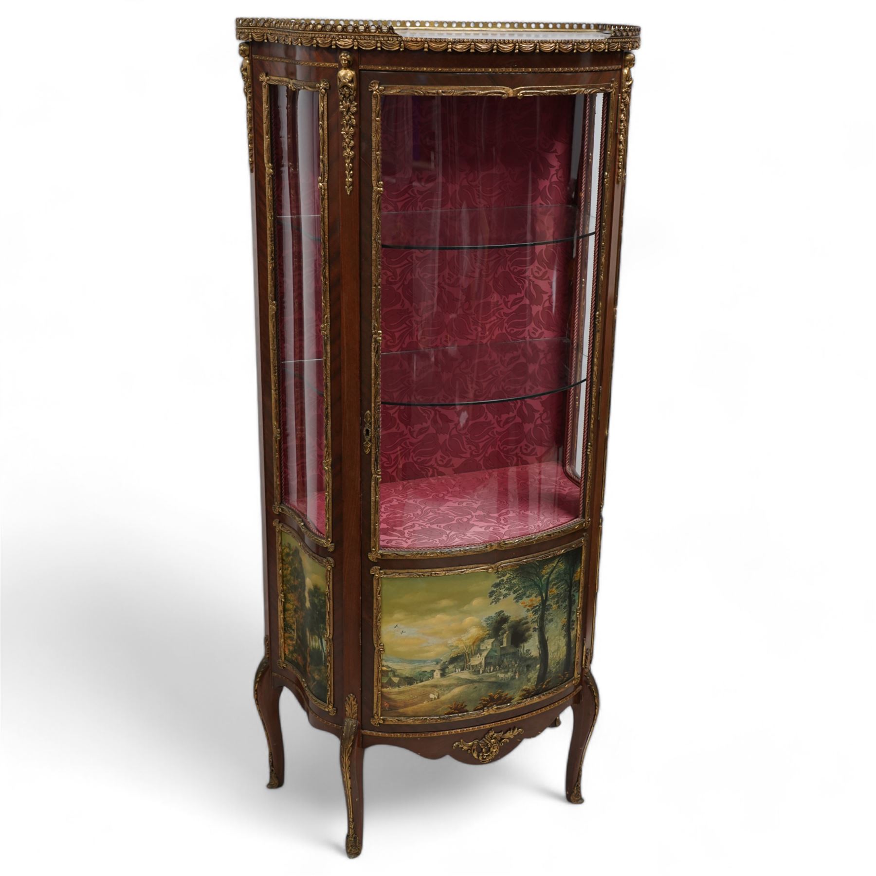 Mid-20th century rosewood vitrine display cabinet, shaped form with cast gilt metal gallery and mounts, enclosed by glazed door with Vernis Martin design panel, fabric lined interior with two glass shelves, on cabriole supports with cast acanthus leaf mounts 