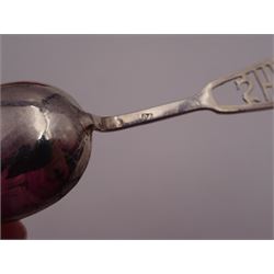 Set of six Chinese silver spoons, each with pierced 'Shanghai' handles, in fitted case, together with a pair of sterling silver chopsticks, by Wai Kee Hong Kong, stamped WK AA Sterling, boxed 