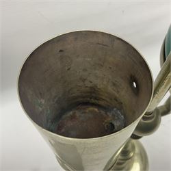 William H Honey polished brass adjustable student's oil lamp, with green glass shade, H60cm