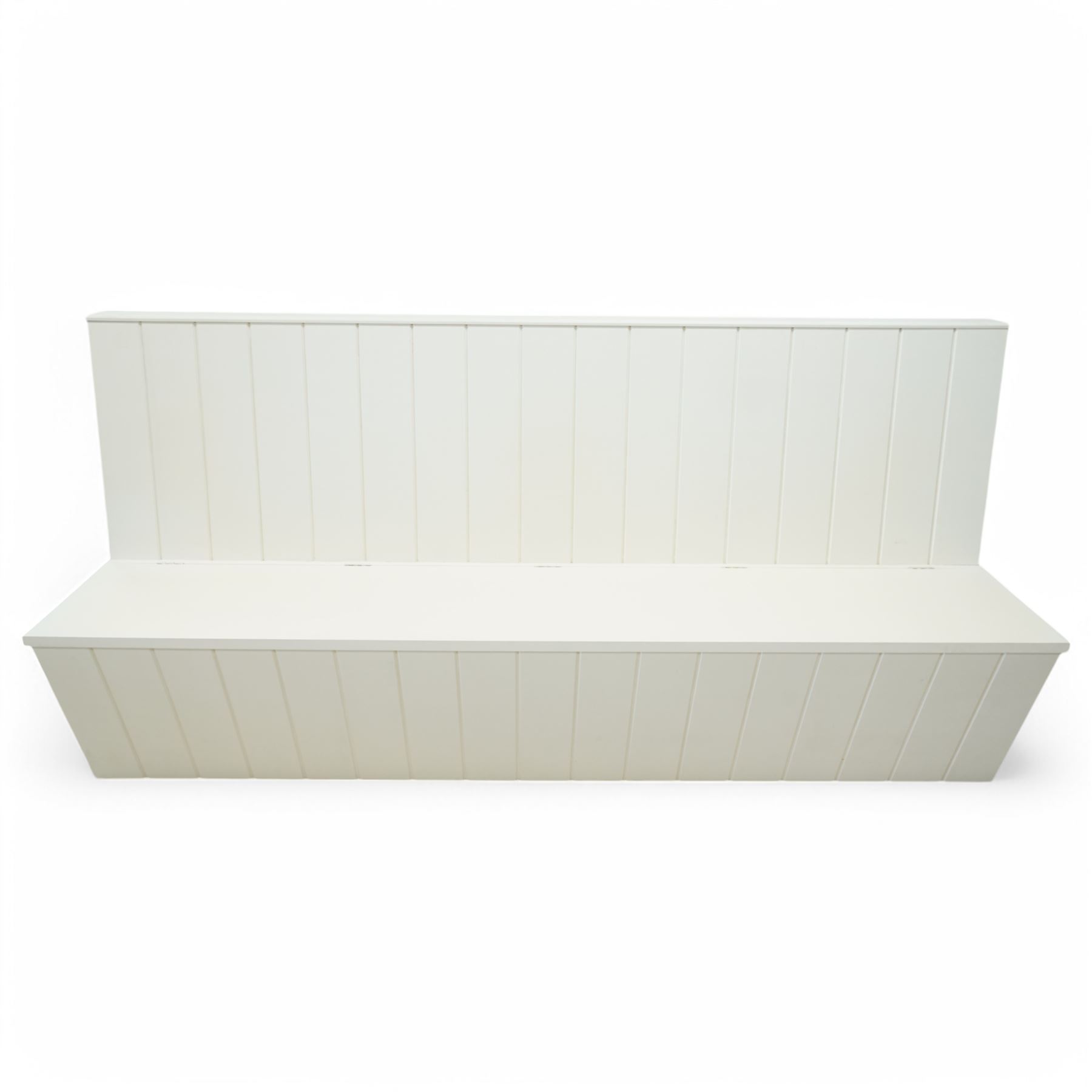 White painted kitchen bench, hinged seat enclosing storage compartments, with loose squab cushion 