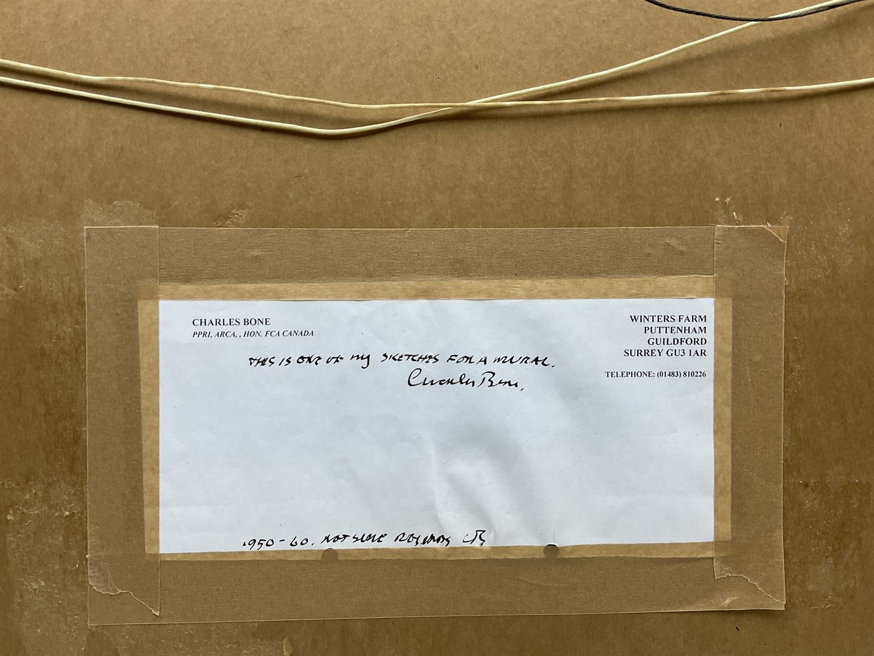 Charles Bone (British 1926-): 'Circus', watercolour sketch for a mural, titled on backboard, inscribed signed and dated 1950s on artist's Guildford address label verso 36cm x 49.5cm
Notes: Studied at Farnham College of Art and the Royal College of Art. Lecturer at Brighton University. Former Director of the Royal Institute Gallery in Piccadilly and Governor of the Mall Galleries. Appointed Vice President and then President of the Royal Institute of Painters in Watercolours