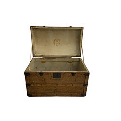 Late 19th to early 20th century oak framed travelling trunk, dome top with iron fittings and panelled sides and top, interior labelled 'The Anchor Patent Waterproof Travelling Trunk - 1902'