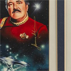 Limited edition Star Wars print 'The Voyage Begins' by Stewart Robinson numbered 516/1701, framed above three signed photographs of William Shatner as Captain James T. Kirk, Leonard Nimoy as Mr Spock and The Star Trek Legendary Four, all with certificates of authenticity verso, frame H109cm, W90cm