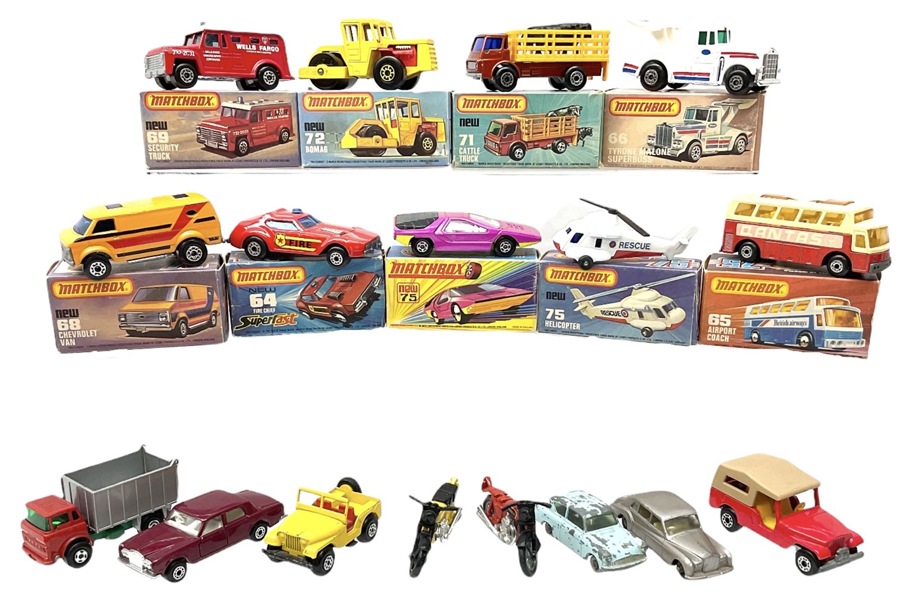 Matchbox/Superfast - nine '1-75' series models comprising 64d Fire Chief car, 65e Airport Coach, 66f Tyrone Malone Superboss, 68e Chevrolet Van, 69e Security Truck, 71e Cattle Truck, 72d Bomag Road Roller, 75c Alfa Carabo and 75e Helicopter; all boxed; and eight unboxed and playworn models (17)
