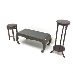  Carved Eastern coffee table, scrolling supports (W100cm, H39cm, D45cm) a stool and a jardiniere (3)  