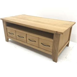 Rectangular oak coffee table, single undertier above two drawers, stile supports, W118cm, H46cm, D59cm