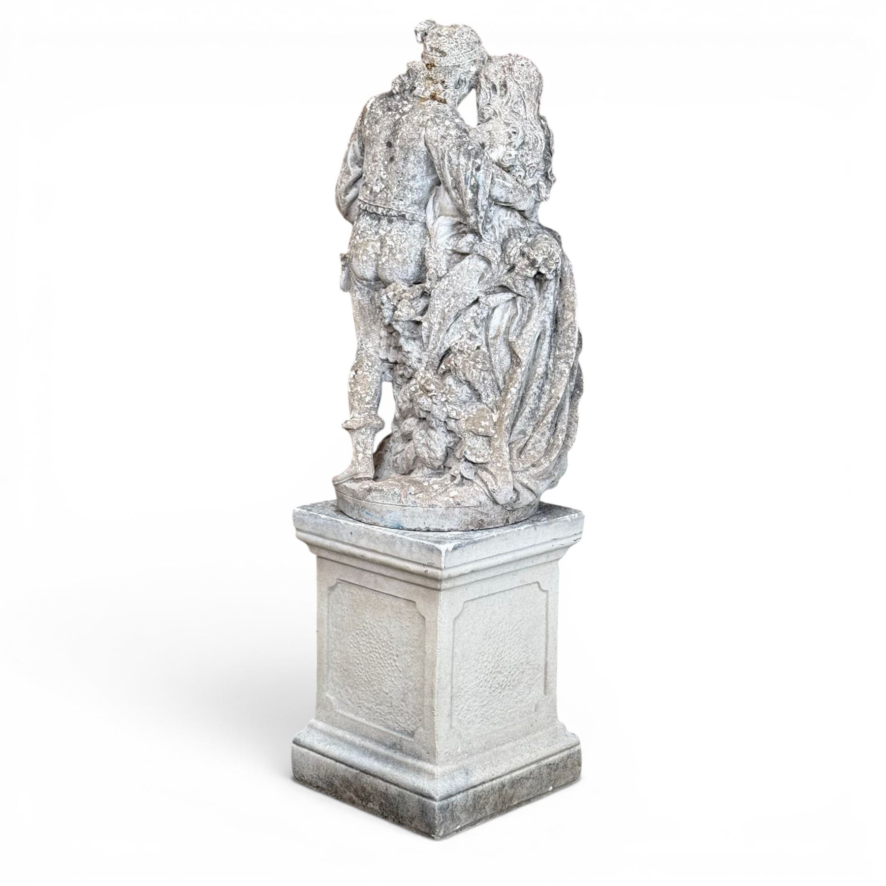 Romeo & Juliet ornate cast stone garden figure, raised on square plinth base