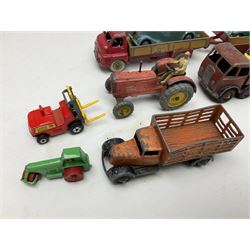 Dinky - sixteen unboxed and playworn die-cast models including Foden lorry, Big Bedford lorry with Halesowen Farm Trailer, Thunderbolt land speed record car, Spirit of the Wind racing car, market garden truck, Bedford tipper, station wagon, tanker, motorcycle combination etc; two Corgi models; and five Matchbox/Lesney models (23)