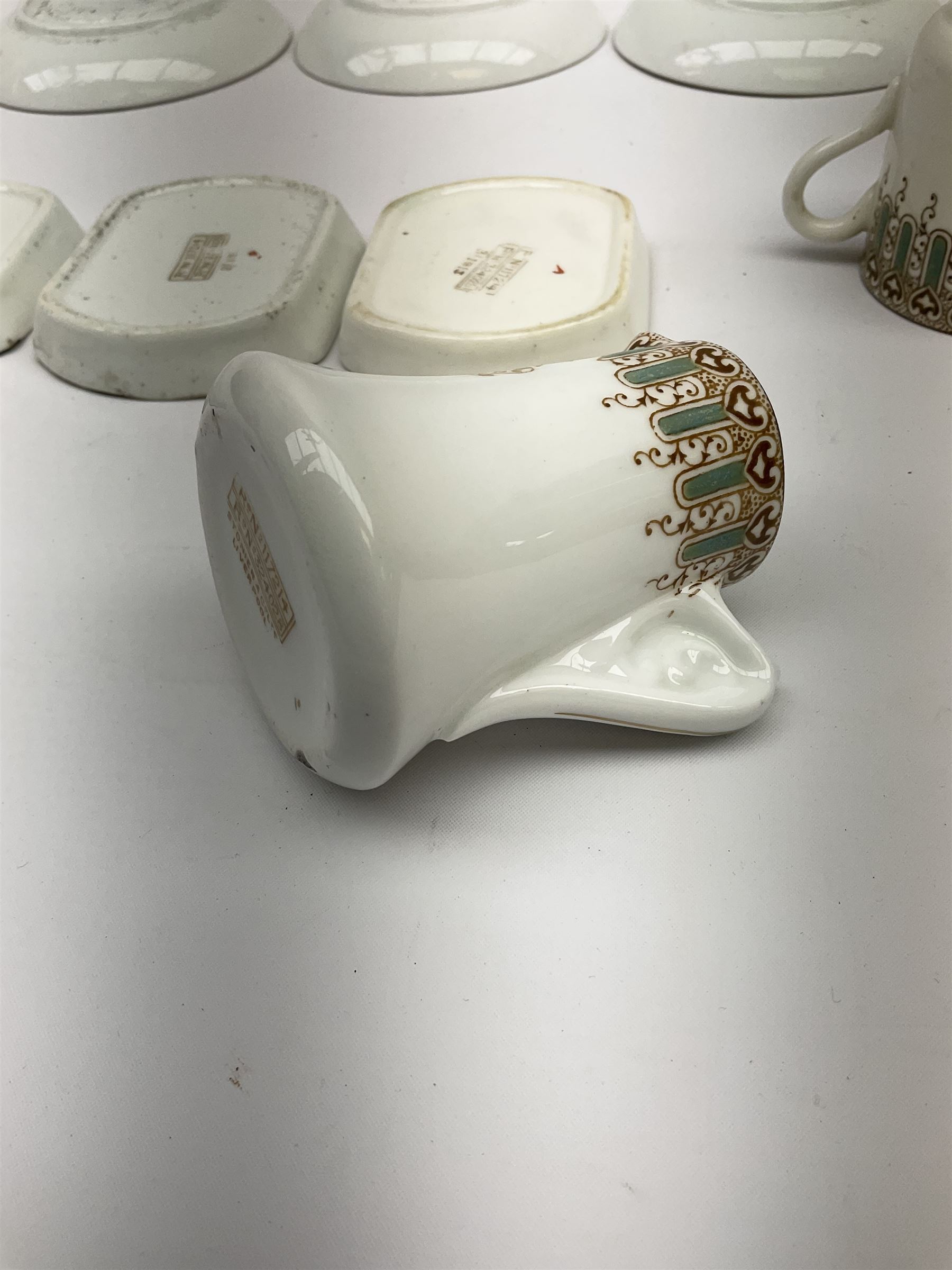 White Star Line, six pieces of porcelain by Stonier & Co. Liverpool, comprising four tea cups, three saucers, jug and three pin trays, registered design no. 117214/324028, printed mark beneath 