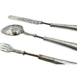 1920's silver christening mug, of plain form with engraved monogram and date to body and scroll handle, upon a circular stepped foot, hallmarked Walker & Hall, Birmingham 1925, H8.5cm, together with a Victorian silver three piece christening set, comprising knife, fork and spoon with beaded edge, hallmarked London, probably 1865, makers mark indistinct, contained within a fitted case with blue silk and velvet lined interior, approximate total silver weight 6.26 ozt (195 grams)