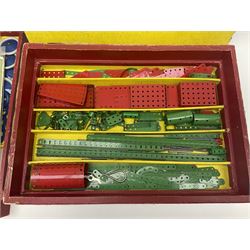 Meccano Outfit No.9 - with good quantity of red and green plates, strips, wheels, brackets, trunnions, tyres, cylinders etc; original box with lift-out tray and instruction manual