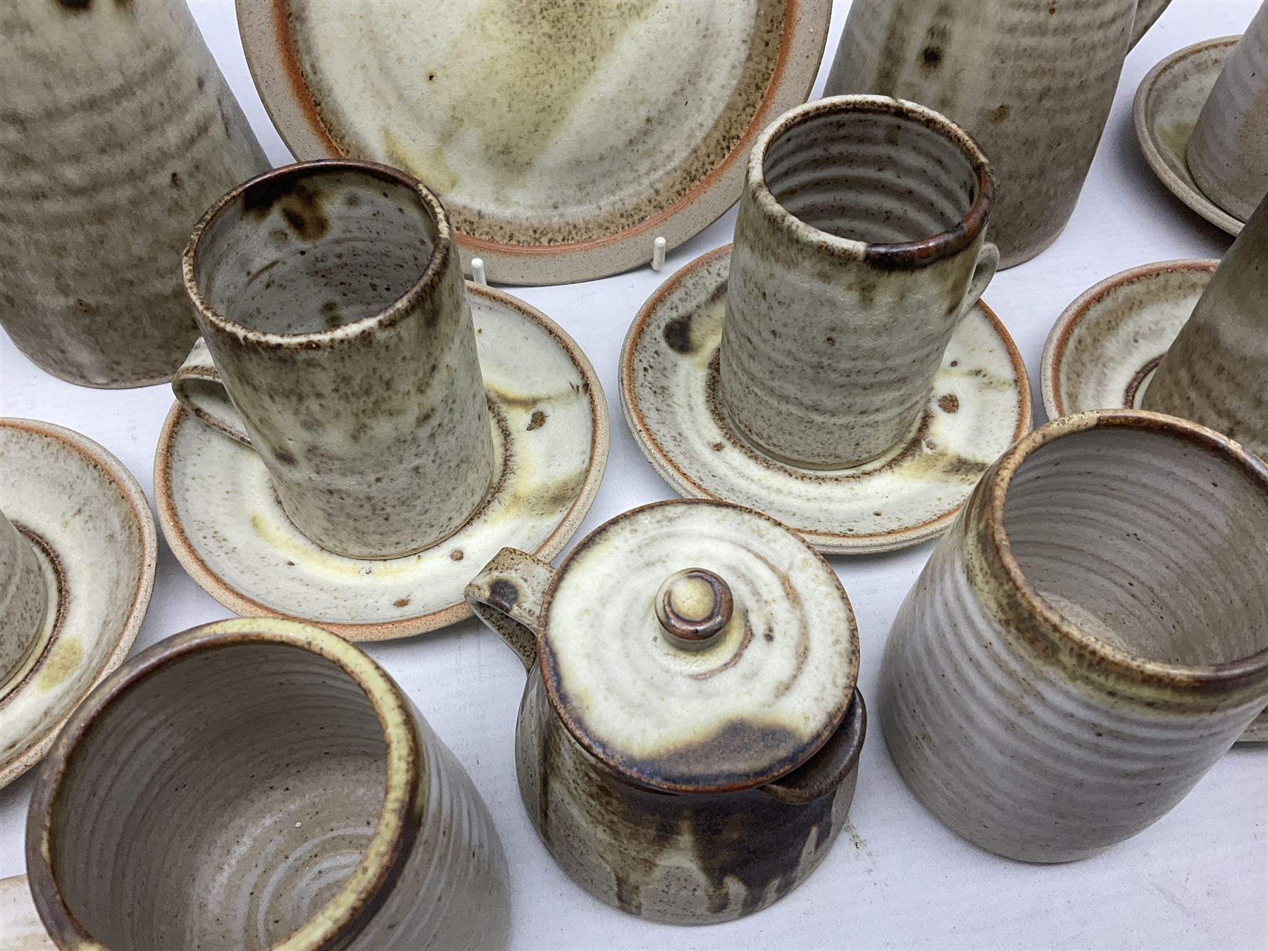 1970s Anchor studio pottery St Ives part coffee service by John Buchanan, all with various impressed anchor, St Ives and other marks, together with similar set of six studio pottery cups with impressed RP monogram