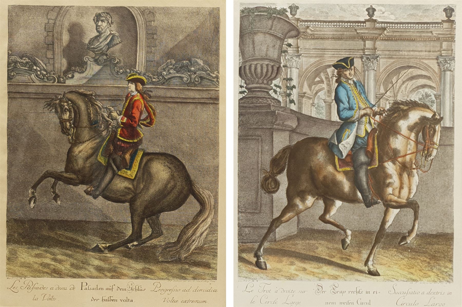 After Johann Elias Ridinger (German 1698-1767): Classical Riders, pair 20th century coloured engravings 32cm x 24cm (2)