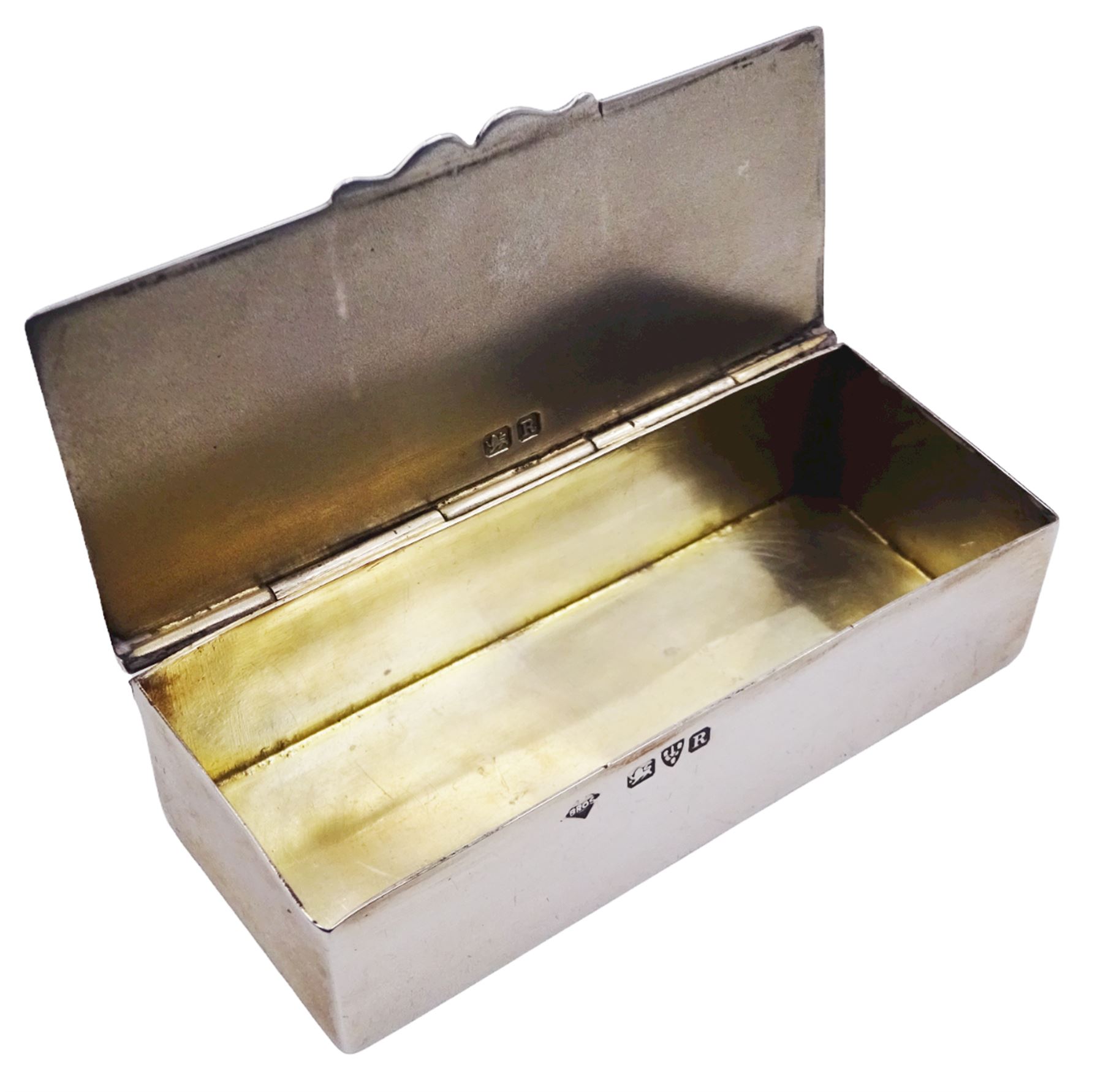 Late Victorian silver stamp box, of plain rectangular form, the hinged cover engraved 'Stamps', opening to reveal a gilt interior, hallmarked Mappin Brothers, Chester 1900, L7.5cm, approximate weight 1.89 ozt (58.8 grams)