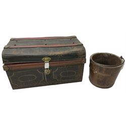 Victorian tin travelling trunk, hinged dome top (W70cm D48cm H44cm); wooden log bucket with metal liner (D33cm) 