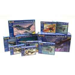 Ten Revell 1/72nd scale plastic model kits of military aircraft including Handley Page Halifax B, Typhoon, two x Tornado, Hawker Hurricane, two x Fairey Swordfish, Sopwith Camel etc; seven in factory sealed boxes; all with factory sealed transparent packaging (10)