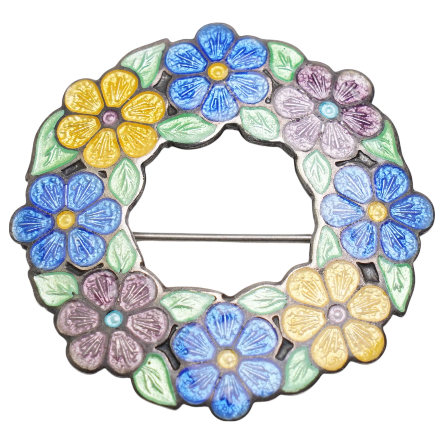 Silver enamelled flower brooch by A H Darby & Son, Birmingham 1945