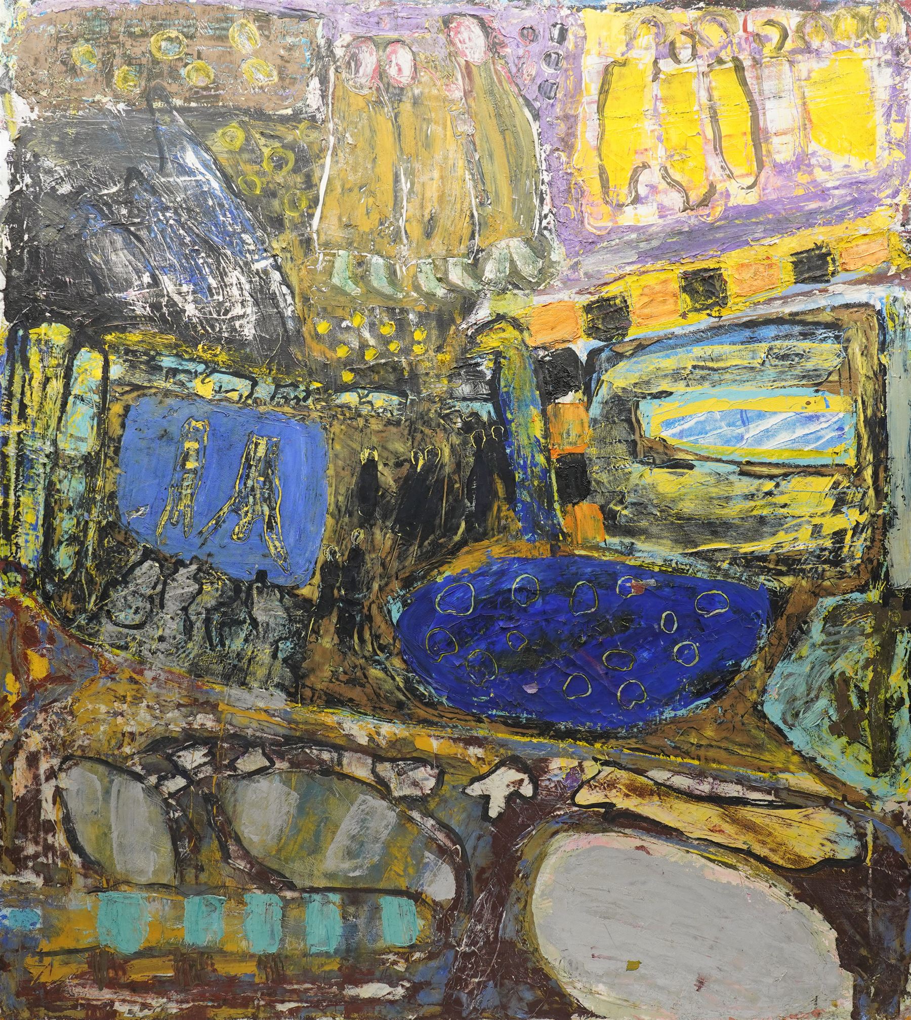 Gillian Ross Kelsey (British 1935-2025): 'The Meeting Place', acrylic on canvas unsigned 102cm x 91cm