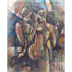 Francis Perera (Sri Lankan 1931-): 'Rama and Sitha', mixed media on canvas signed, titled verso 87cm x 72cm (unframed)
Notes: Perera a noted Sri Lankan artist has had many solo exhibitions both in his home country and overseas. He is a six time winner of the Presidential Award, represented Sri Lanka in Washington DC to commemorate the 50th anniversary of its independence, exhibited at the Royal Commonwealth Society in 2002, and at the 20th International Art Festival in Germany.