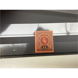 Transvaal King Edward VII 1903 five pounds with 'registered' cancel, Natal King Edward VII 1908/9 one pound, Basutoland King George V 1933 set of ten to ten shillings and other stamps with specimen overprints etc